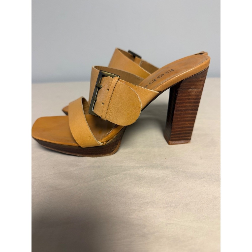Bebe Tan Leather Buckle Platform Mules Vintage Wood Block Heel Sandals 6.5B